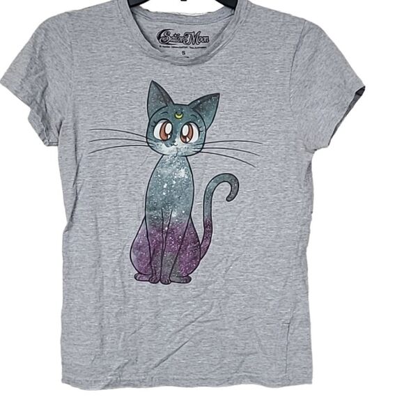 Sailor Moon Luna Cat🐈‍⬛ Hot Topic Gray Galaxy Kitty T-Shirt Graphic Tee Juniors - Picture 1 of 5